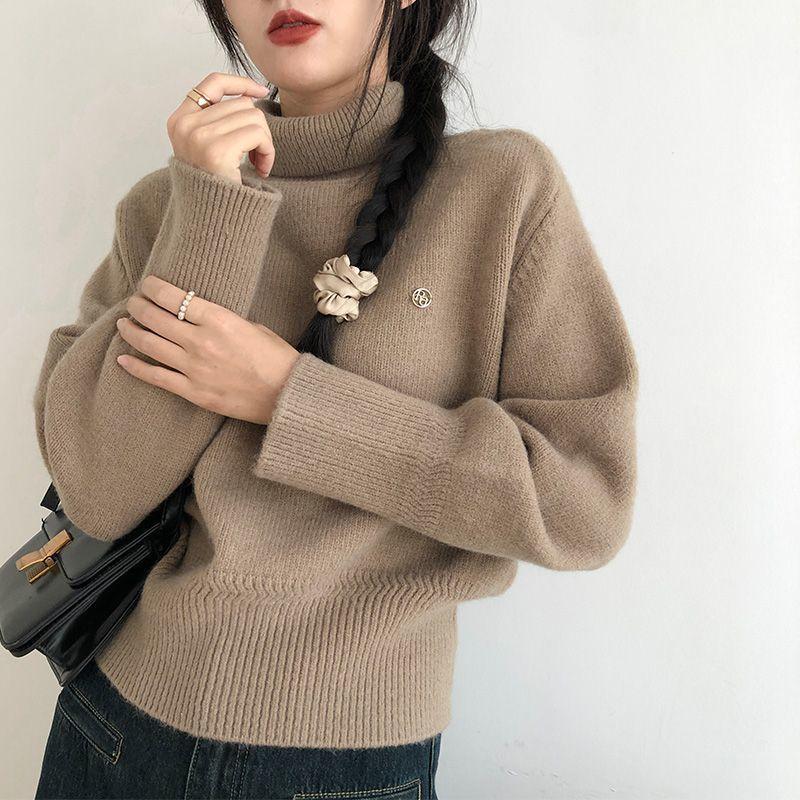 Autumn and Winter Korean Casual Solid Color High Collar Sweater Warm Knitted Sweater Top Women's Clothing