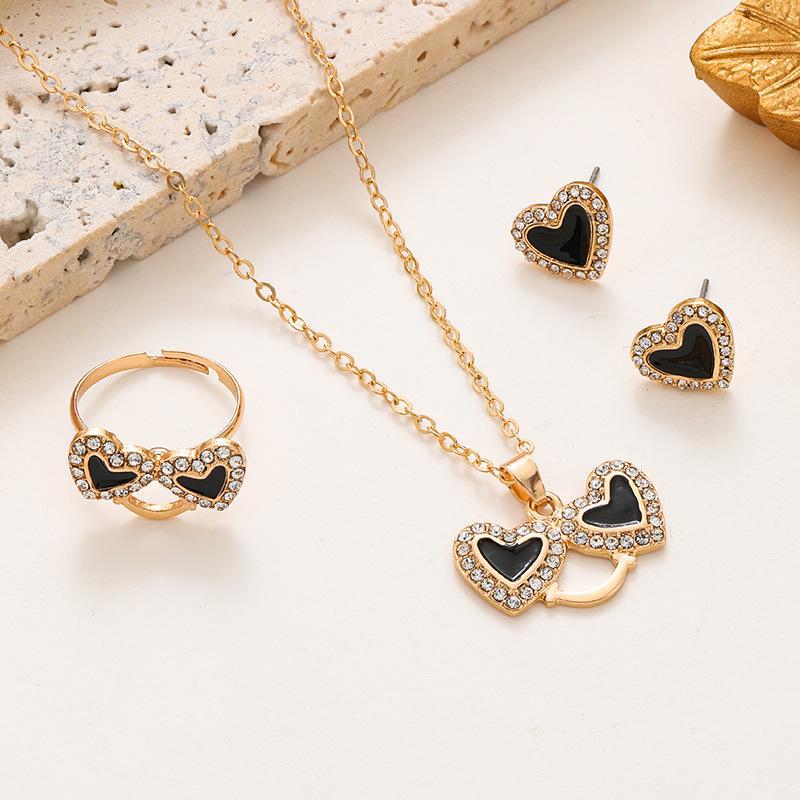 Temu Oil-Drop Heart Jewelry Set: Diamond-Studded Smiley Necklace with Trendy Peach Heart Ring & Earrings for Women
