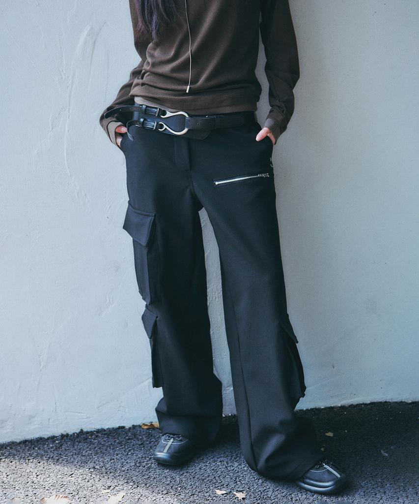 PLACE STUDIO Winter Big Pocket Eyelet Waist Cargo Wide Hidden String Work Pants_2 Colors