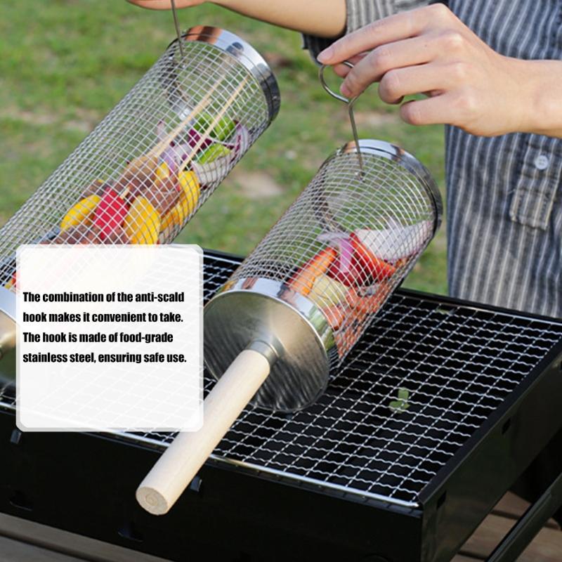 Steel Rotating Grill Basket With Hanging Hook and Wood Handle For Even Cooking And Effortlessly BBQ Food Flipping