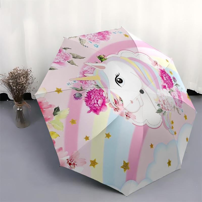 1PC Unicorn Flowers Umbrella-8-Rib Reinforced Portable Folding Travel Suitable for All Seasons Outdoor Daily -Z0488