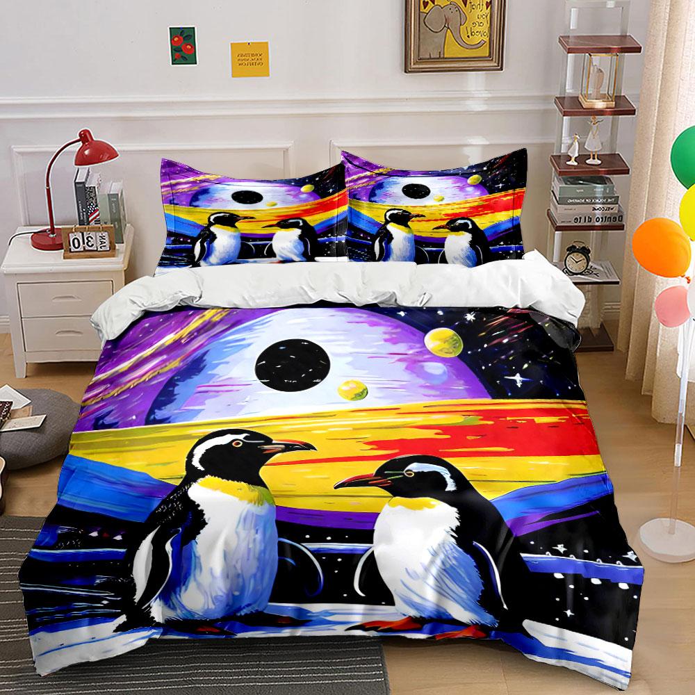 Penguins in Colorful Galaxy Bedding Duvet Cover Set Duvet Cover Pillowcases (1*Duvet Cover 2*Pillowcases, without duvet insert)