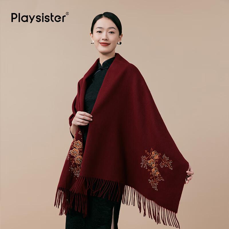 PLAYSISTER High-End Embroidered 100% Wool Shawl Scarf