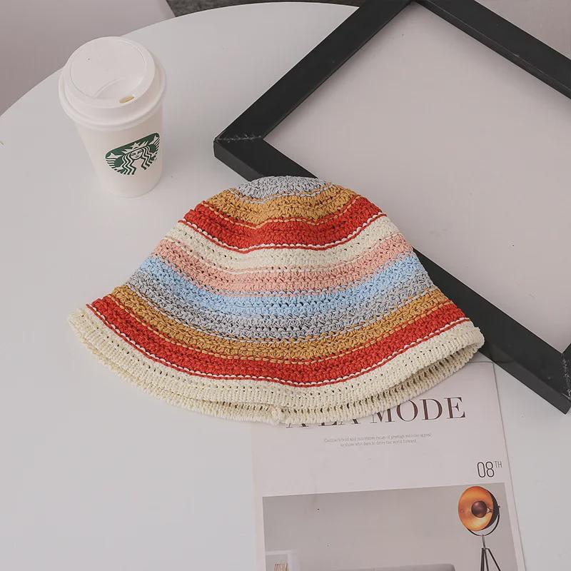 Women's Rainbow Knitted Fisherman Hat - Sun Protection Summer Straw Hat