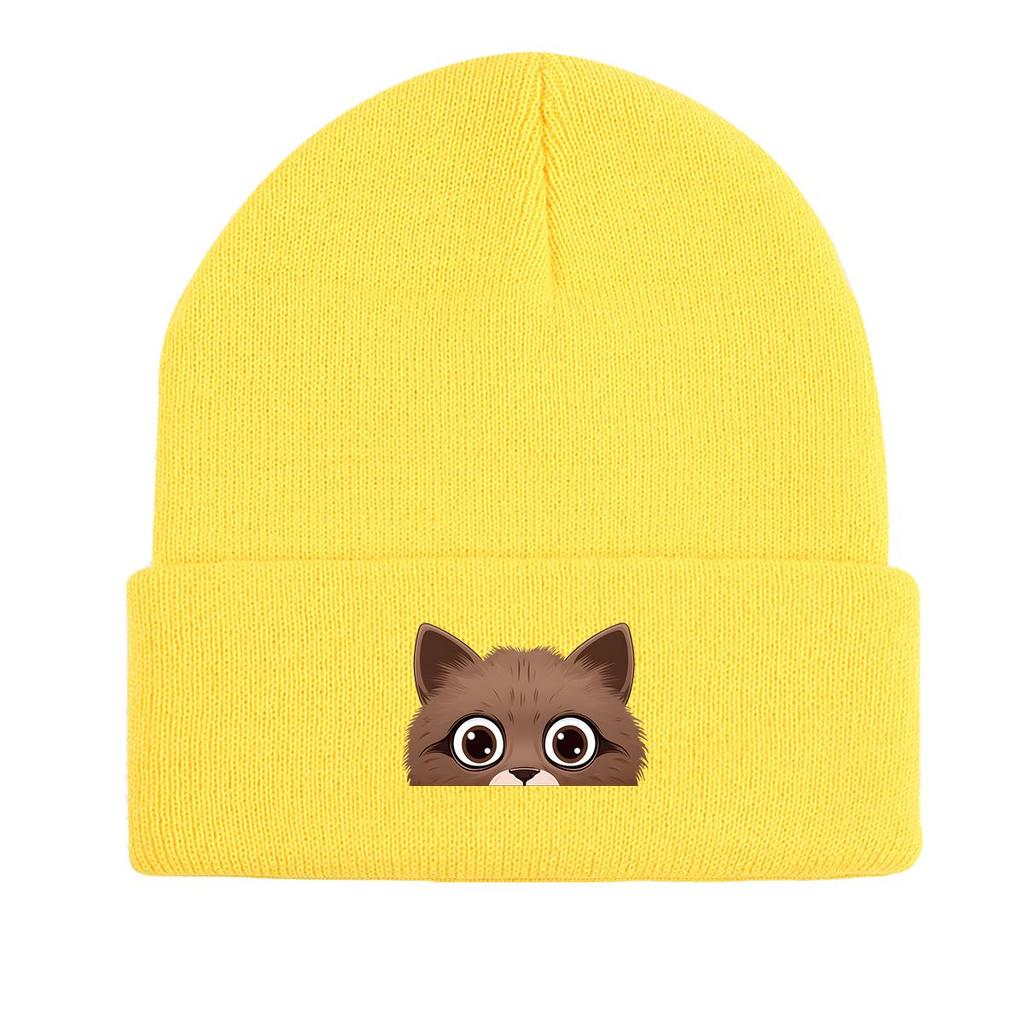Peeping Cat Print Knitted Hat Beanie, Animal Woman Cap Lightweight Cancer Chemo Trendy Pompom Beanies Knit Cap Beanie