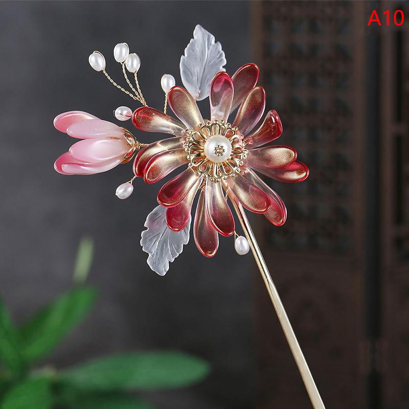 Retro Traditional Flowers Simulated Pearls Long Tassel Hairpins Hair Sti