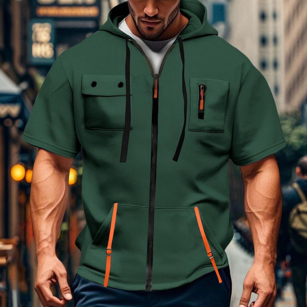 Men's Casual Short-sleeved Sweatshirt. Loose And Breathable Solid-color Sweatshirt Jacket With Multiple Pockets And A Zipper.
