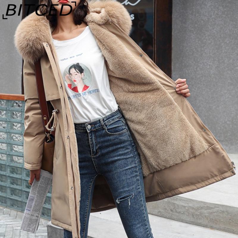 BITCED Winter Women's Mid-Length Cotton Coat with Large Fur Collar and Fleece Lining