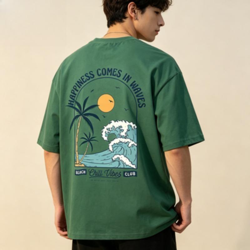 100 Cotton Unisex Round Neck T Shirt Happiness Comes In Waves Retro Palm Tree Ocean Print Short Sleeve Beach Unisexs Tee