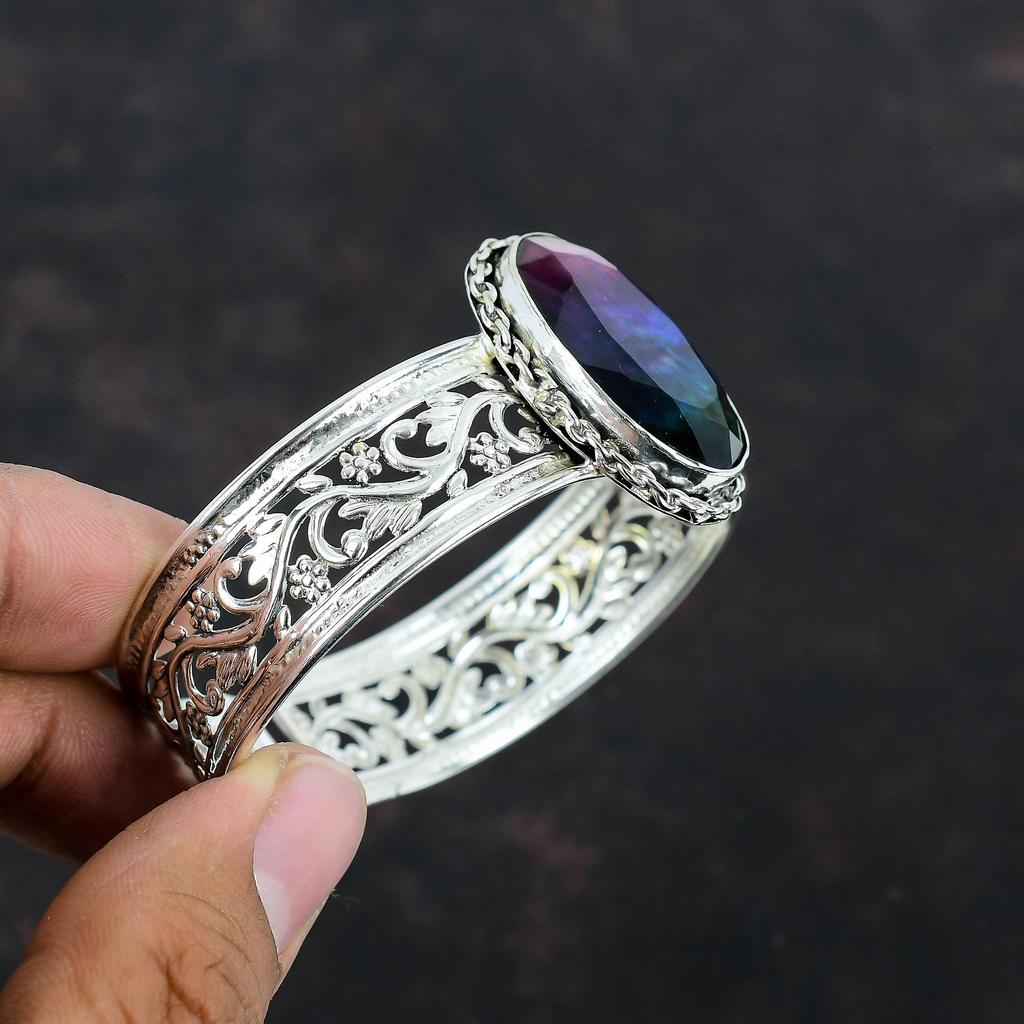 Faceted Ammolite Cuff Bracelet 925 Sterling Silver Bangle Adjustable Cuff Bracelet Gemstone Bangle Handmade Silver Jewelry Gifts For Friend