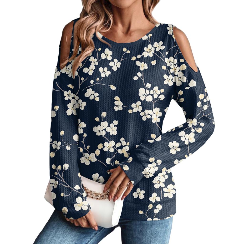 Women's Winter Oversized T-Shirt Fashionable Off-the-Shoulder Round Neck Vintage Floral Print Pullover Long-Sleeved Top