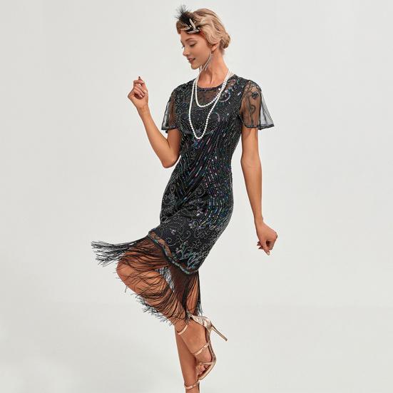 Женское выпускное платье в винтажном стиле с ажурным кружевом, кисточками и пайетками, прозрачным круглым вырезом, короткими рукавами, облегающим фасоном, застежкой-молнией сзади, банкетное платье