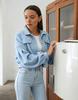 Women S Solid Color Puff Sleeve Button Front Waist Cinched Jacket
