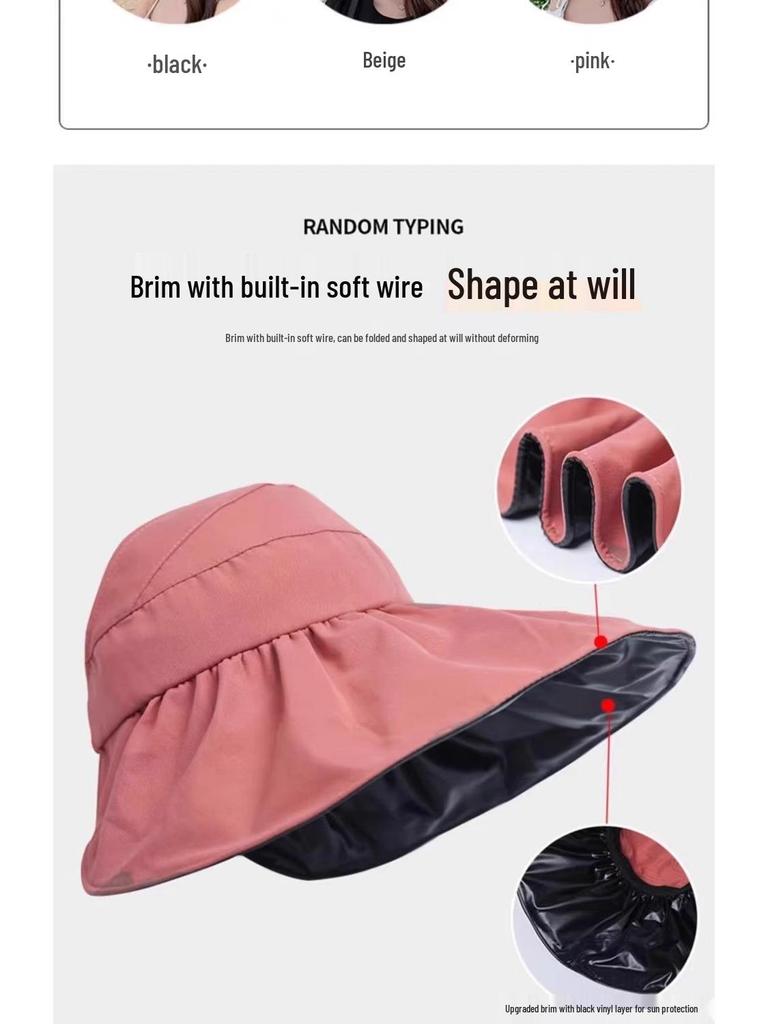 2025 Black Vinyl Wide Brim Open-Top Sun Hat with UV Protection and Heat Insulation