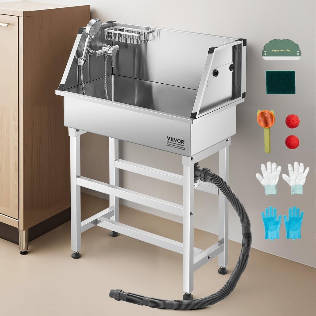 VEVOR 86.4 cm Stainless Steel Dog Washing Station, Pet Grooming Tub with Hot & Cold Faucet, Showerhead, Storage Rack, No-Bend All-in-One Bathtub