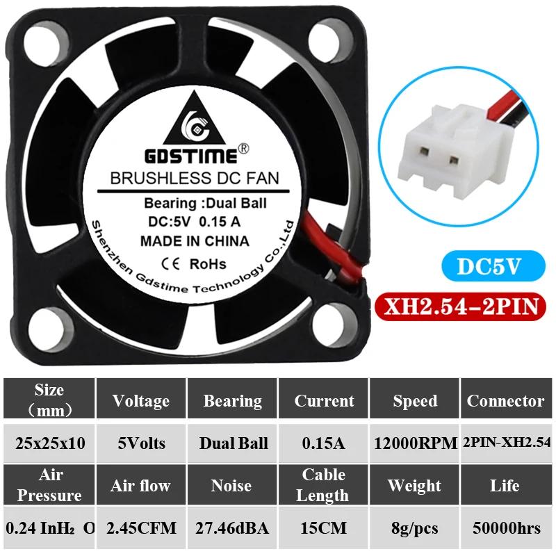 2pcs Gdstime 3D Printer cooler Axial 25mm fan DC 5V 12V 24V 25x25x10mm Dual Ball/Sleeve 2.5mm Graphics Card mini cooling fan