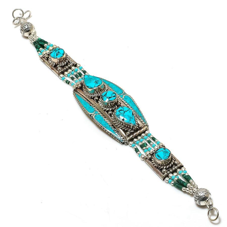 Браслет ручной работы из натурального тибетского бирюзового камня 7-8 дюймов G6e40