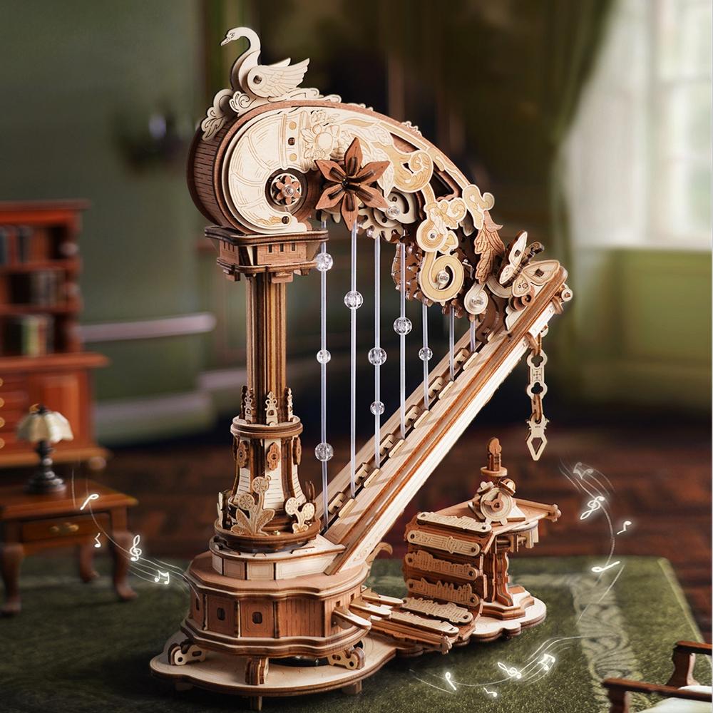 3D Wooden Puzzle Stringed Harp Music Box DIY Handmade Magic Cello Mechanical Music Box with Moveable Stem Creative Toy AMK71