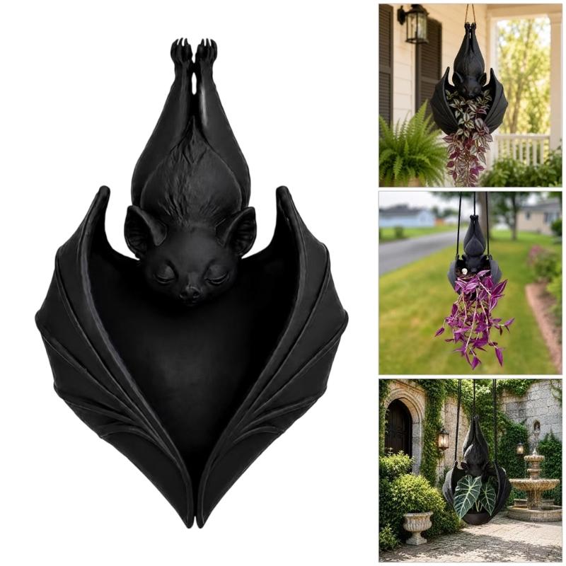 Dark Bat Hanging Pot for Trailing Foliage, Suspended Piece With Top Cord for Entryway, Window, Porch, and Indoor Wall Display Accent