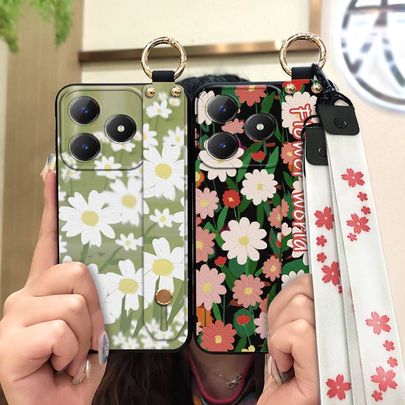 Soft Case Back Cover Phone Case For Realme C63 4G/C61 4G Wrist Strap Lanyard Protective Wristband Oil Painting Anti-dust