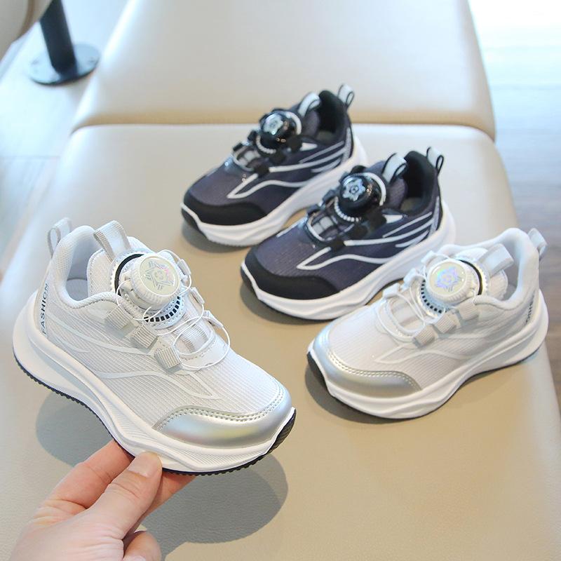 Kids Spring Autumn White Sneakers With Rotary Button Soft Sole Mesh Running Shoes For Boys Girls Baby Casual Sports Trainers