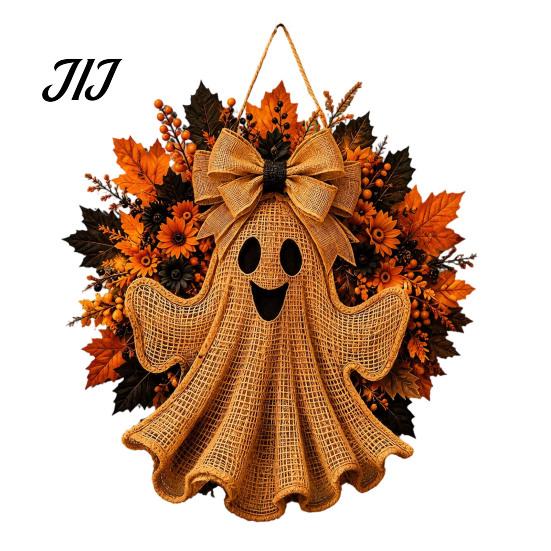 Decorative Wreath for Fireplace Rustic Halloween Ghost Front Door, Farmhouse Burlap Hanging Door with Maple Leaves, Sunflowers Porch Wall Indoor