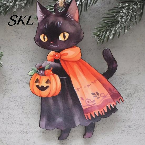 Whimsical Witch Cat Room Decor Halloween Wooden Hanging Ornament, Decorative Pendant, Watercolor Wood Cute Holiday Party Favors for Tree And