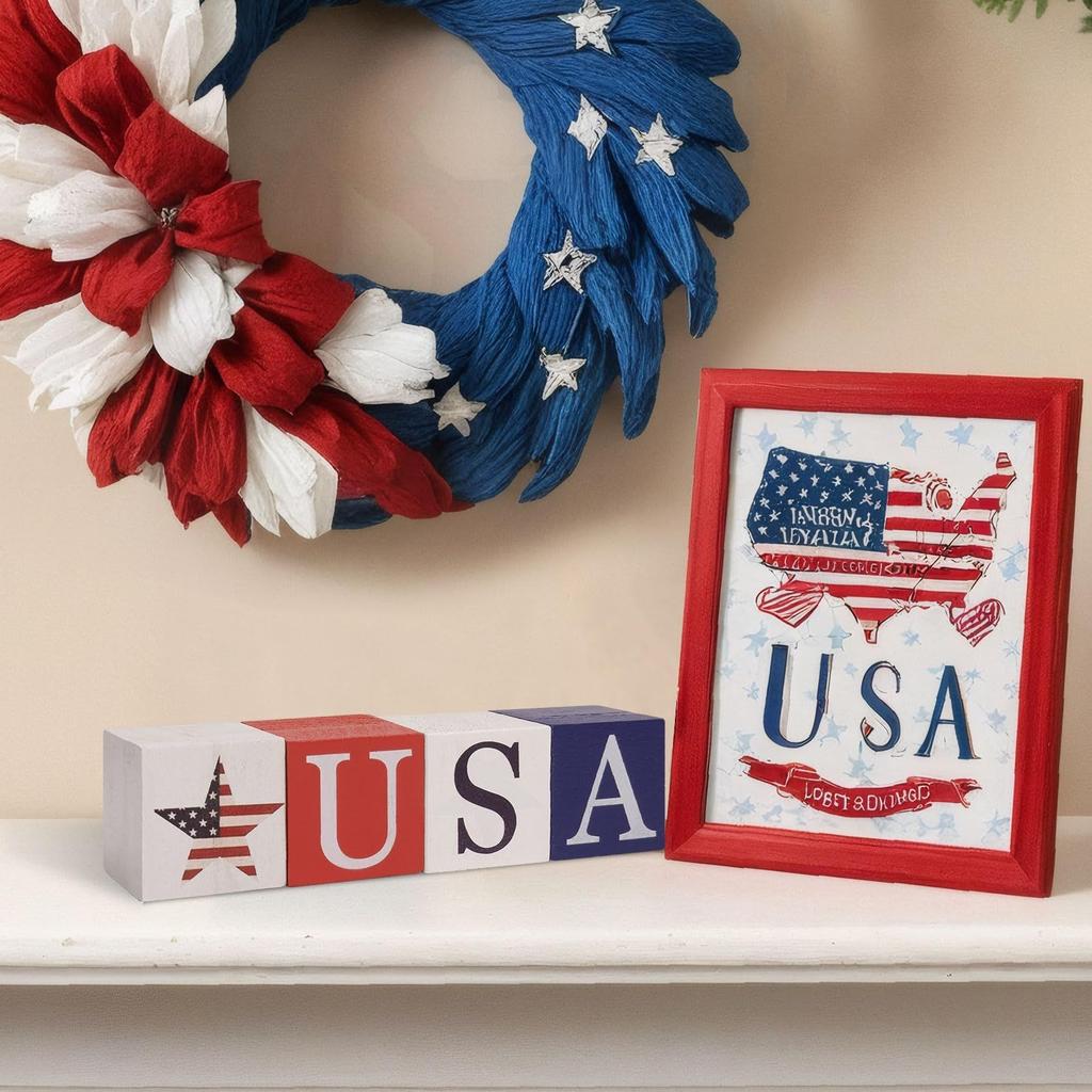 Independence Day Wooden Block Decor – Patriotic Desktop Display Decoration