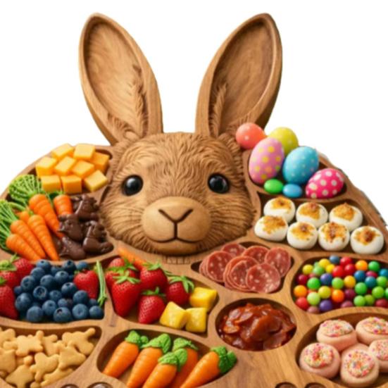 Поднос для закусок Форма кролика в деревенском стиле Сервировочная доска с несколькими отделениями Натуральное дерево Гладкая поверхность Организатор для мяса, фруктов, орехов, закусок