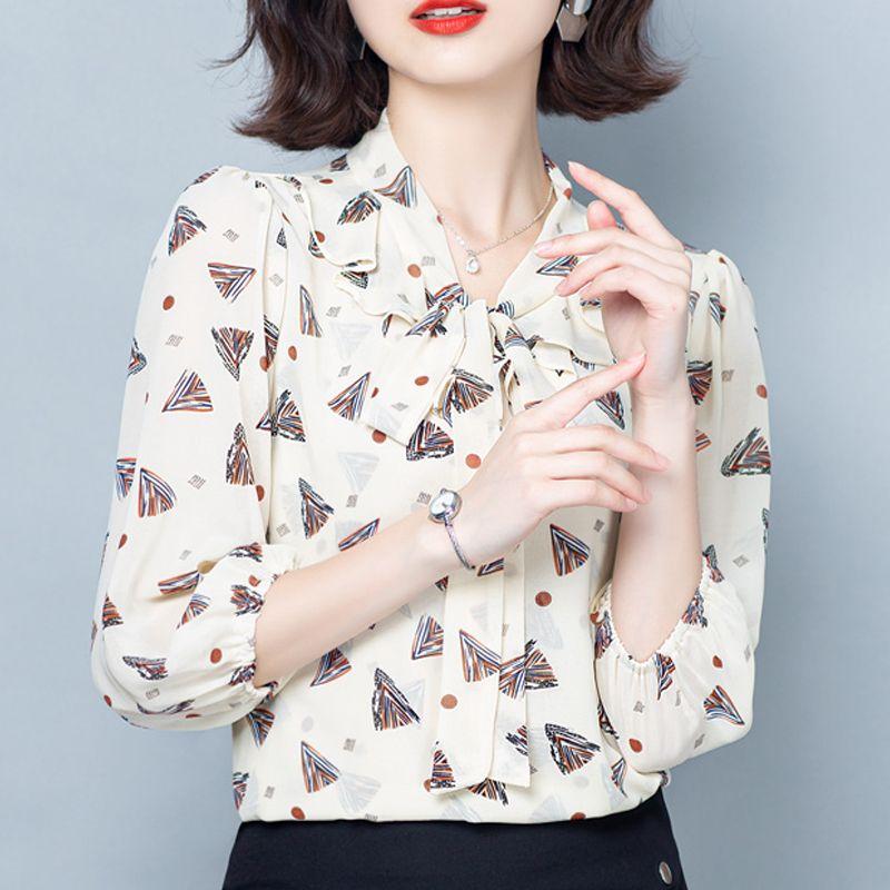 Floral Chiffon Shirt Blouse Female Korean Version 3/4 Sleeve Shirt Fashion Small Shirt Top Elastic Cuffs