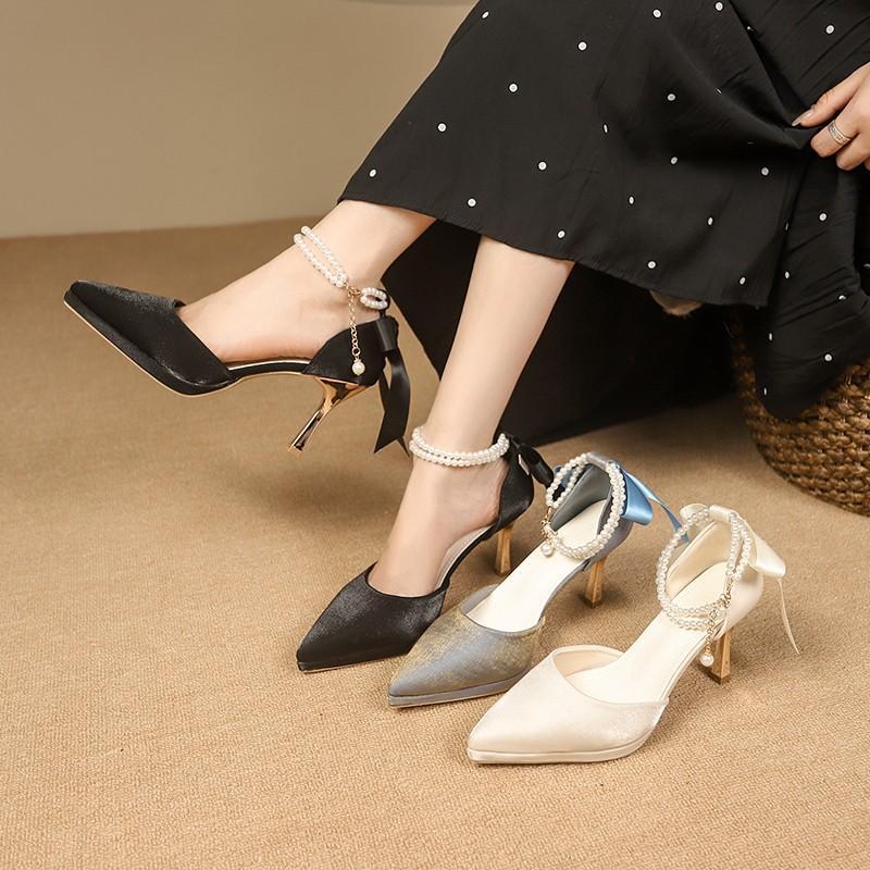 Модные женские сандалии Baotou, осенние, новые, с острым носком, с неглубоким носком, сатиновые, водонепроницаемые, на платформе, с бусинами, на высоком каблуке