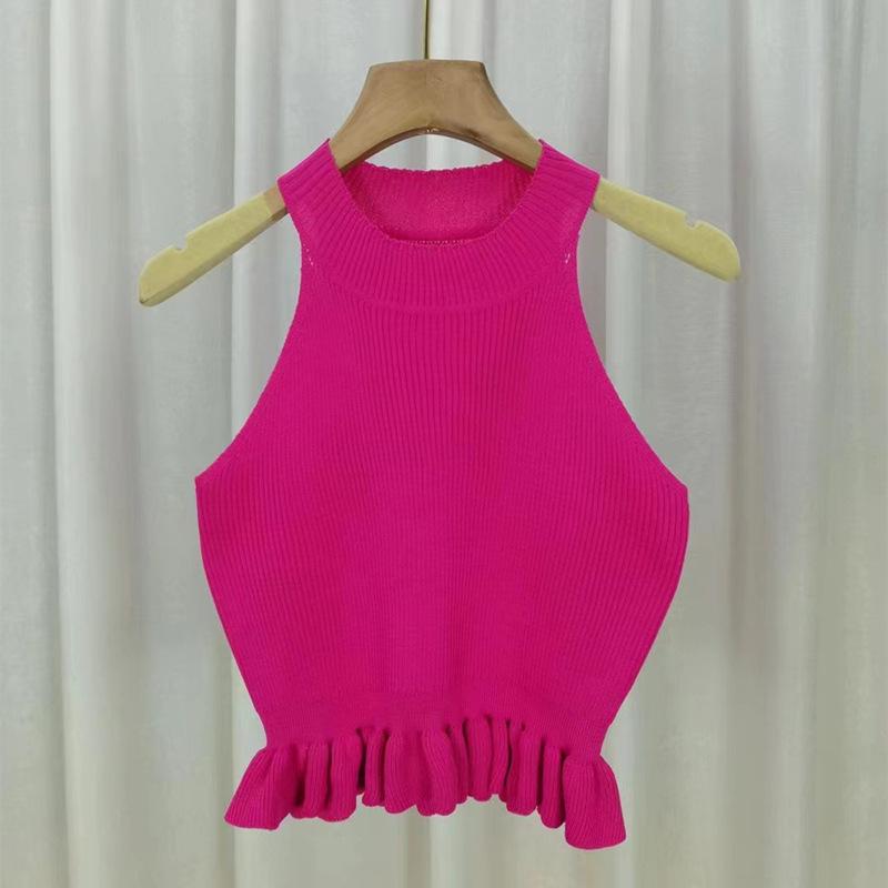 Женский летний вязаный короткий жилет с рюшами и подвесным воротником