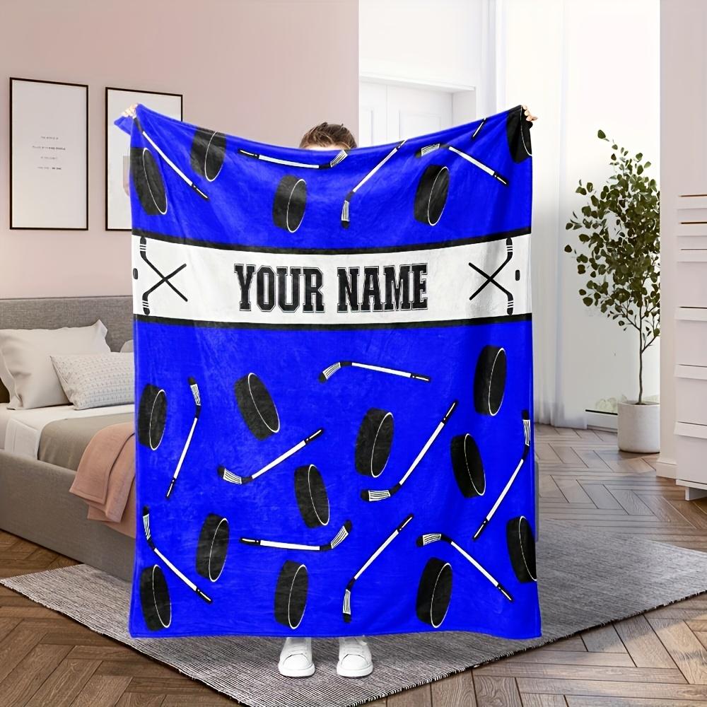 Personalized Hockey Blanket With Pucks And Sticks Pattern Custom Name White Background Soft Fleece Throw Gift For Players