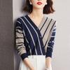 Women's Autumn and Winter Elegant and Versatile Temperament Clothing Splice Button V-Neck Long Sleeve Stripe Pullover