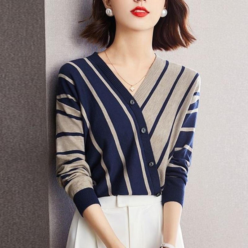 Women's Autumn and Winter Elegant and Versatile Temperament Clothing Splice Button V-Neck Long Sleeve Stripe Pullover