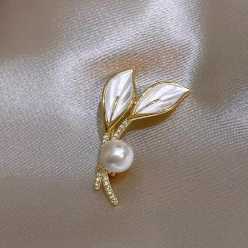 Kerongsang Mutiara, Rekaan Daun, Aksesori Kot Musim Luruh / Musim Sejuk, Gancu Pin Bunga Dada Wanita LS