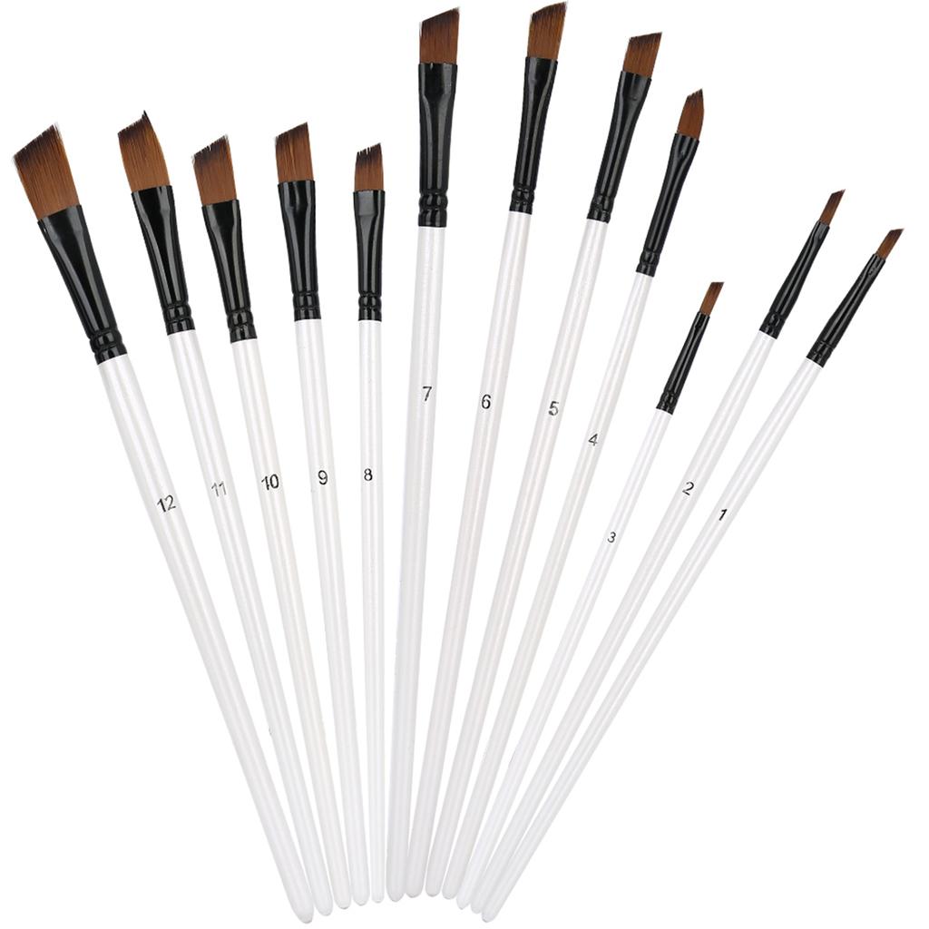 12Pcs Nylon Hair Paint Brushes Set Wood Handle Pearl White Variety Style Oil Acrylic Drawing SuppliesC Oblique Head