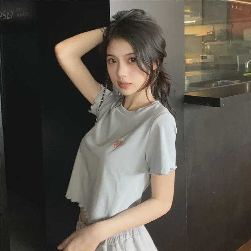 2024 Summer Hot Girl Embroidered Slim Short-Sleeve Crop Top