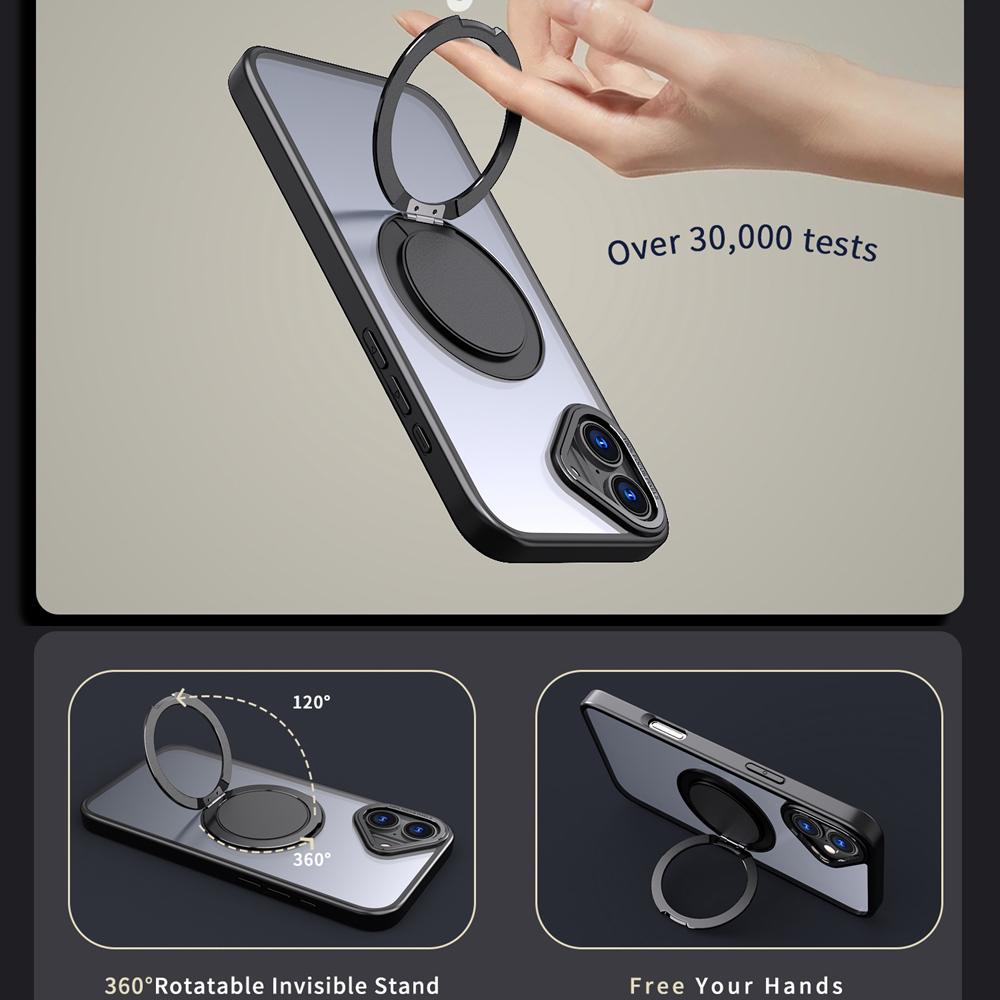 KEYSION Противоударный матовый чехол для MagSafe для iPhone 16 16 Plus с вращающимся на 360 ° магнитным кольцом-подставкой, прозрачная задняя крышка для телефона