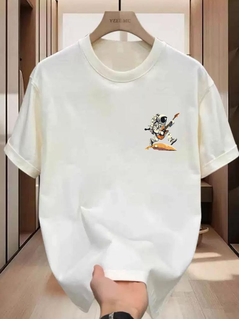 Men Cotton Graphic T-Shirt Astronaut Playing Guitar on Moon Print Casual Round Neck Short Sleeve Summer Tee Men Clothing