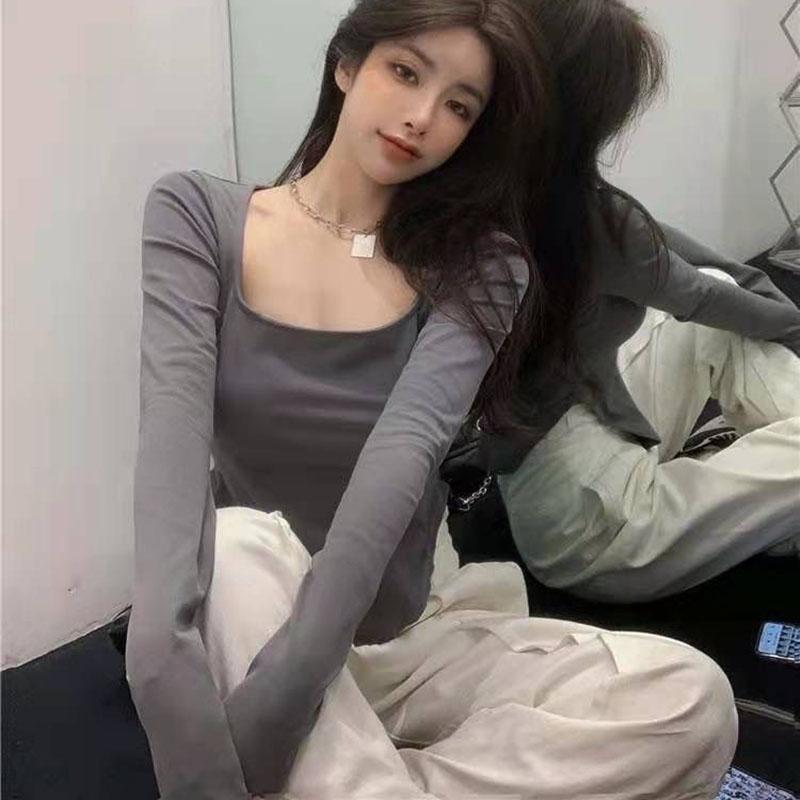 Женские однотонные футболки с длинными рукавами и квадратным воротником, весенне-осенние новые тонкие повседневные топы с U-образным подолом, рубашки для девочек