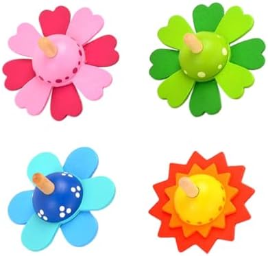 4 PCS Wooden Spinning Tops Toy Colorful Flower Design Hand Spun Tops for Kids Birthday Party Games Hand Eye Coordination Training Toy