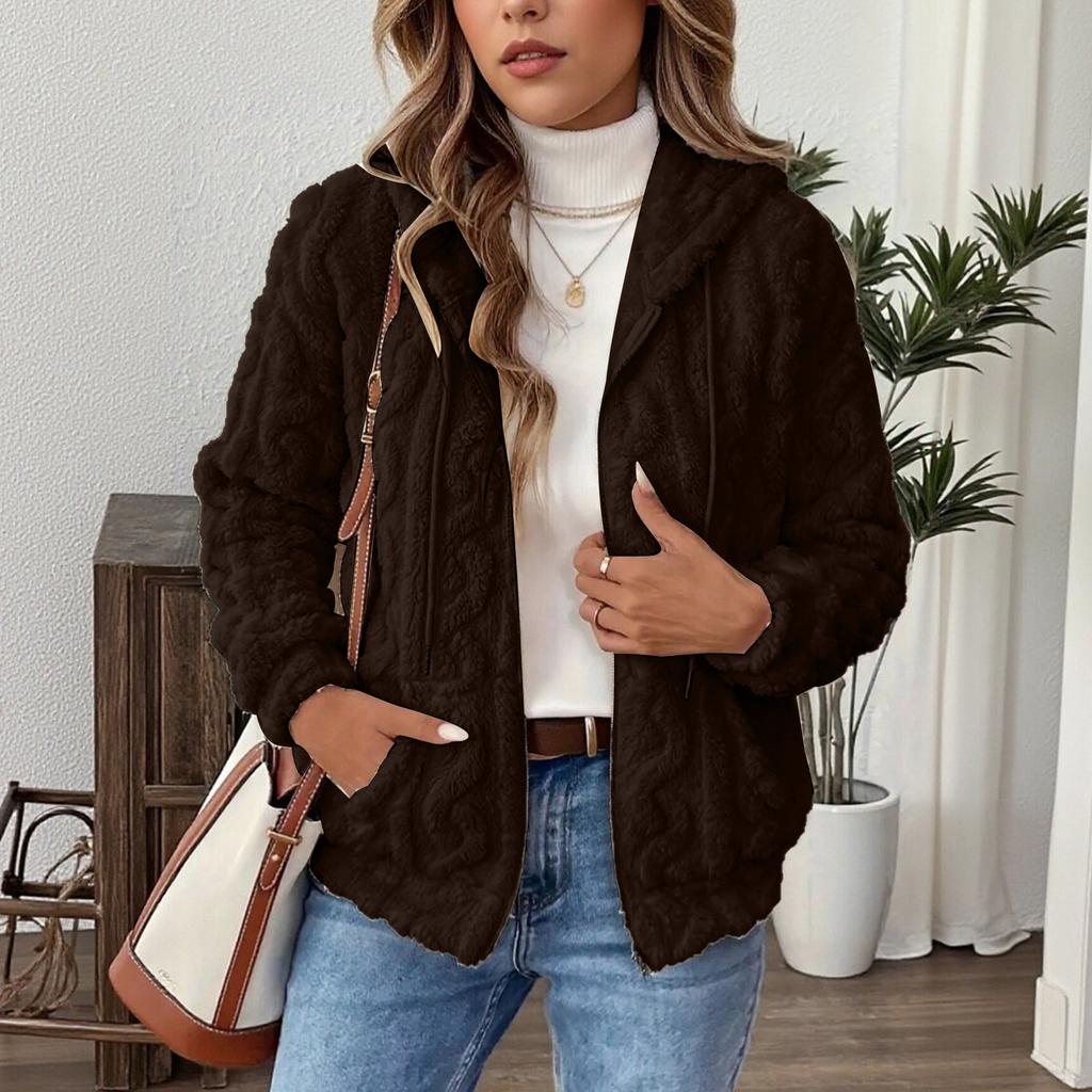 Women's Plush Jacket, Casual Solid Color Hooded Drawstring Jacket