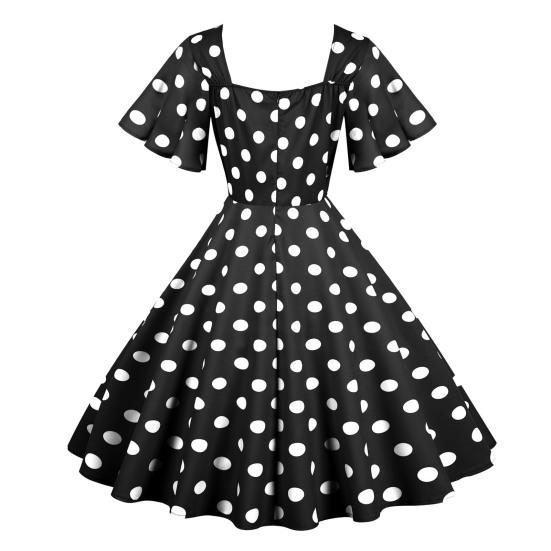Women Evening Dress Retro Color Matching Dot Print A-line V Neck Big Swing Short Ruffle Sleeves Tight High Waist Back Zipper Party Prom Midi Dress