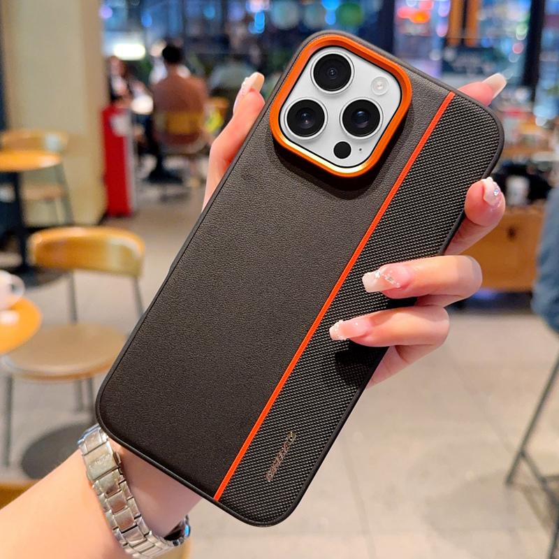 For iPhone 16 Pro Max Case Splicing PC + PU Leather Phone Back Cover with Metal Lens Ring/Buttons