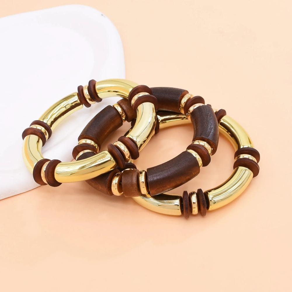 Преувеличенный набор ожерелья и браслета с золотым покрытием, цепочка на шею, браслет из коричневого дерева, женский набор украшений
