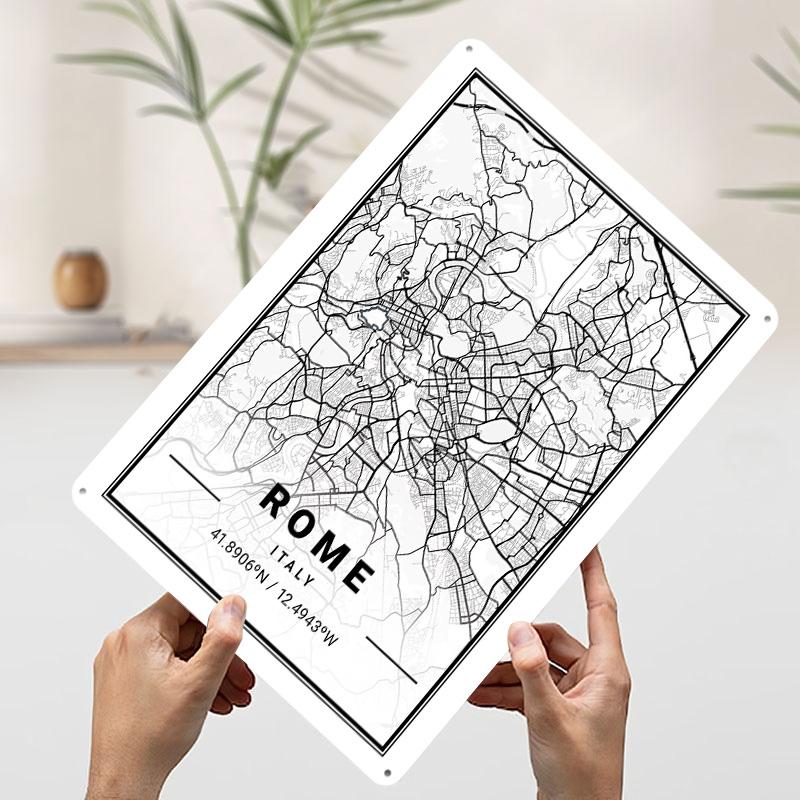 Rome City Map Tinplate Poster Custom Wall Art Vintage Metal Signs Retro Tin Plaque for Gaming Room Decoration Cozy House Home