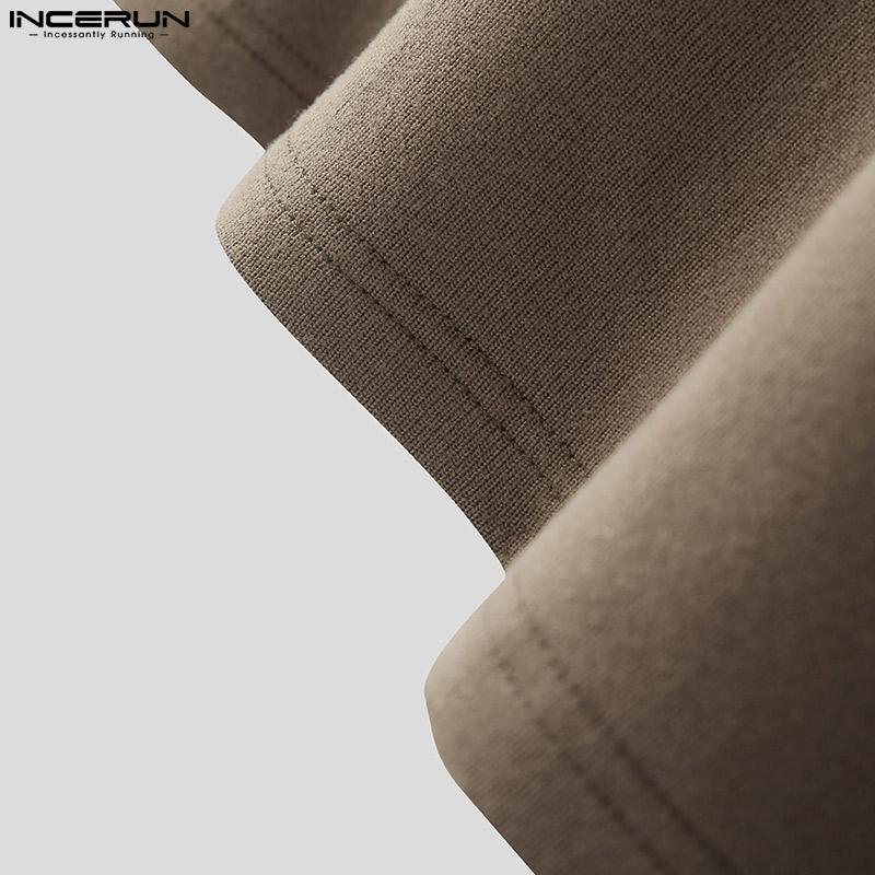 INCERUN Мужские футболки с коротким рукавом и воротником-стойкой, однотонные базовые топы