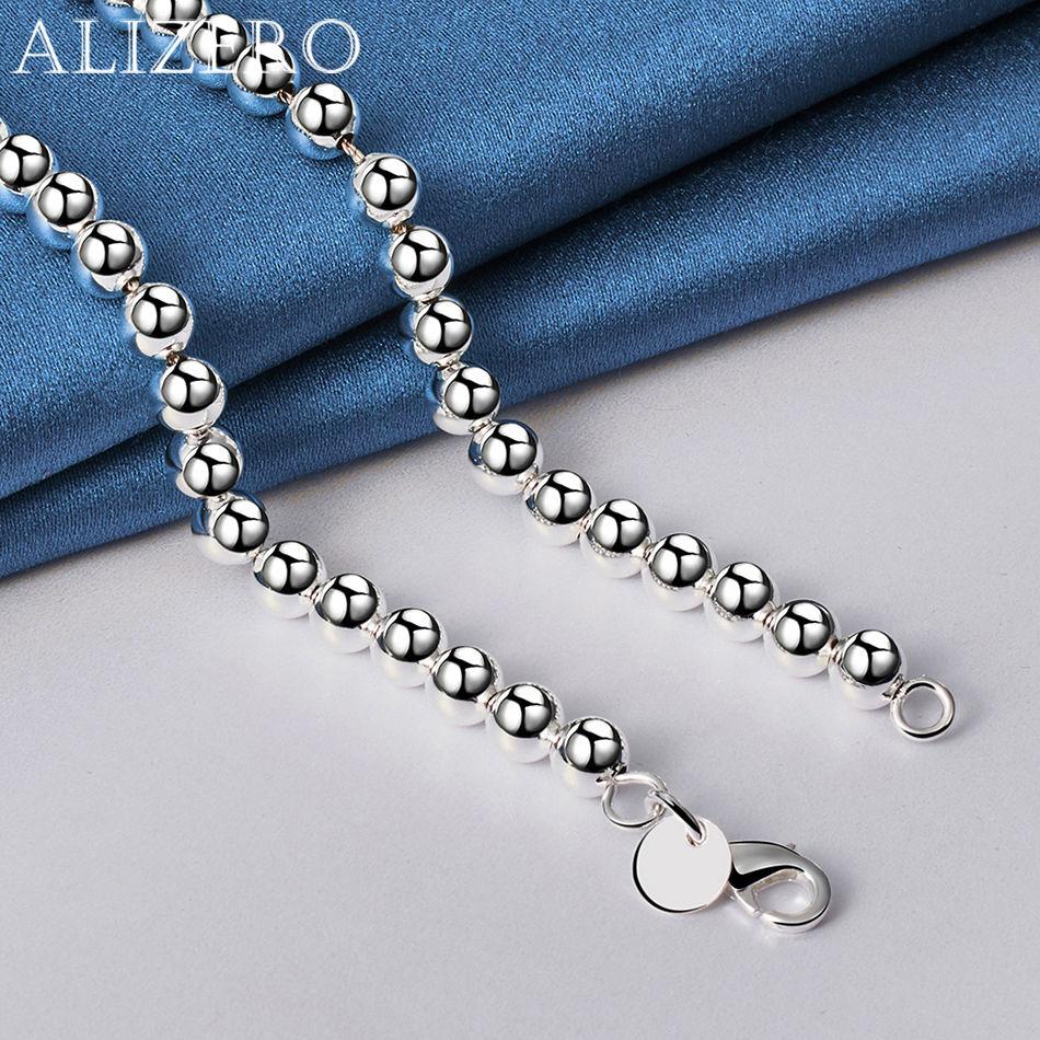 ALIZERO 925 Sterling Silver Smooth 6mm Beads Chain Necklace Wedding Party Fashion Accessories Men Women Girl Jewelry
