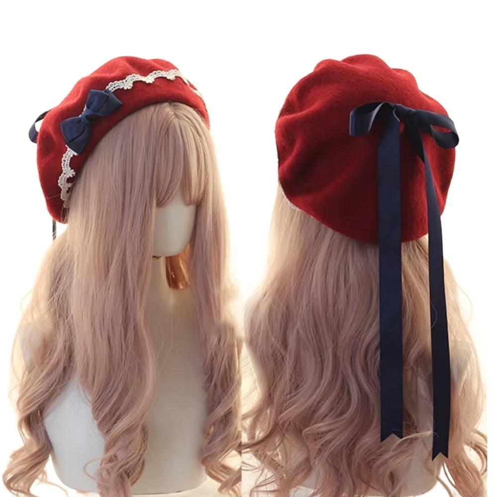 Warm Girl Lace Bow Hat Sweet Painter Hat Y2k Beanie Cap Female